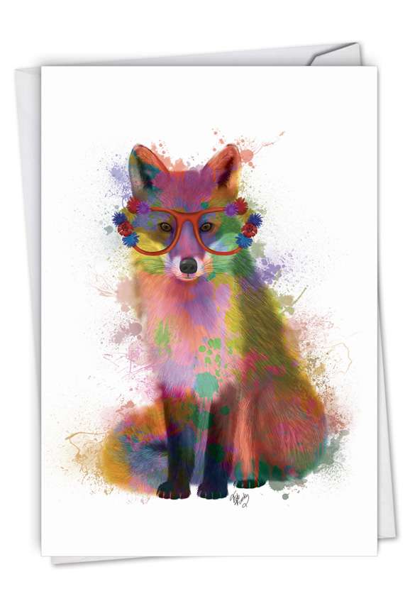 Stylish Birthday Paper Card By World Art Group From NobleWorksCards.com - Funky Rainbow Wildlife - Fox