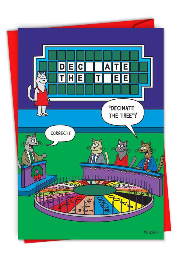 Funny Merry Christmas Card By Scott Metzger From NobleWorksCards.com - Cat Wheel of Fortune