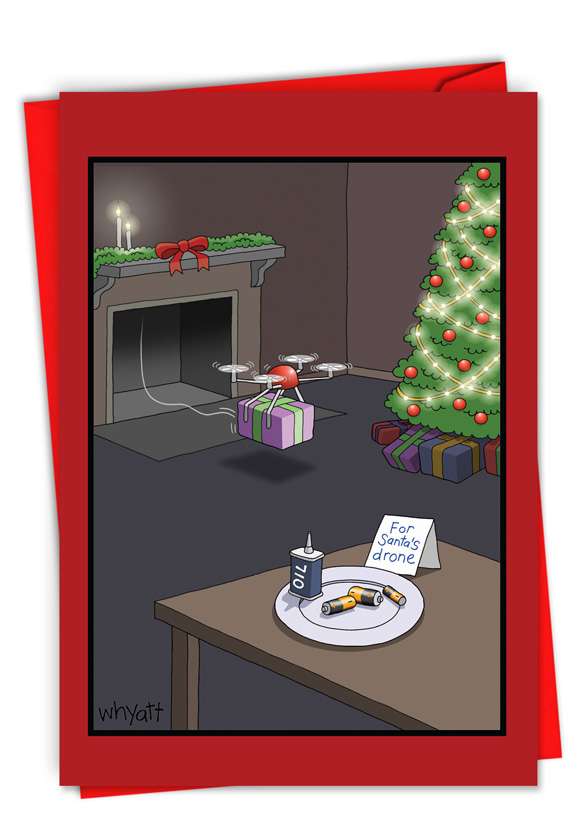 Humorous Merry Christmas Paper Card By Tim Whyatt From NobleWorksCards.com - Santa's Drone