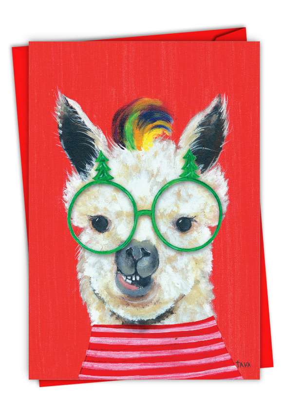 Creative Merry Christmas Greeting Card By Janet Tava From NobleWorksCards.com - Personality Llamas - Glasses