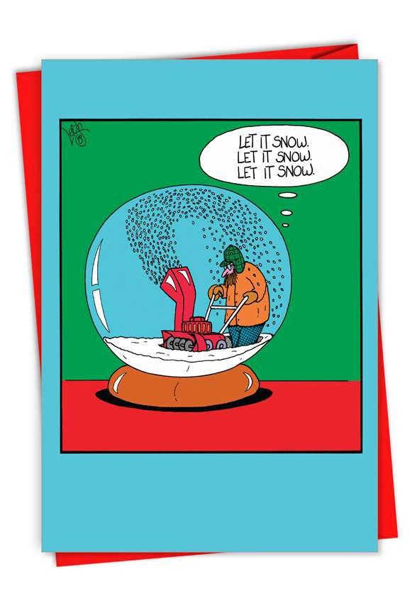 Funny Merry Christmas Paper Greeting Card By Leigh Rubin From NobleWorksCards.com - Snowglobe Blower