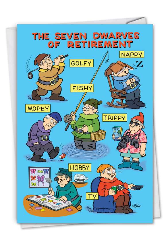 Hilarious Retirement Printed Card By Daniel Collins From NobleWorksCards.com - Seven Dwarves of Retirement