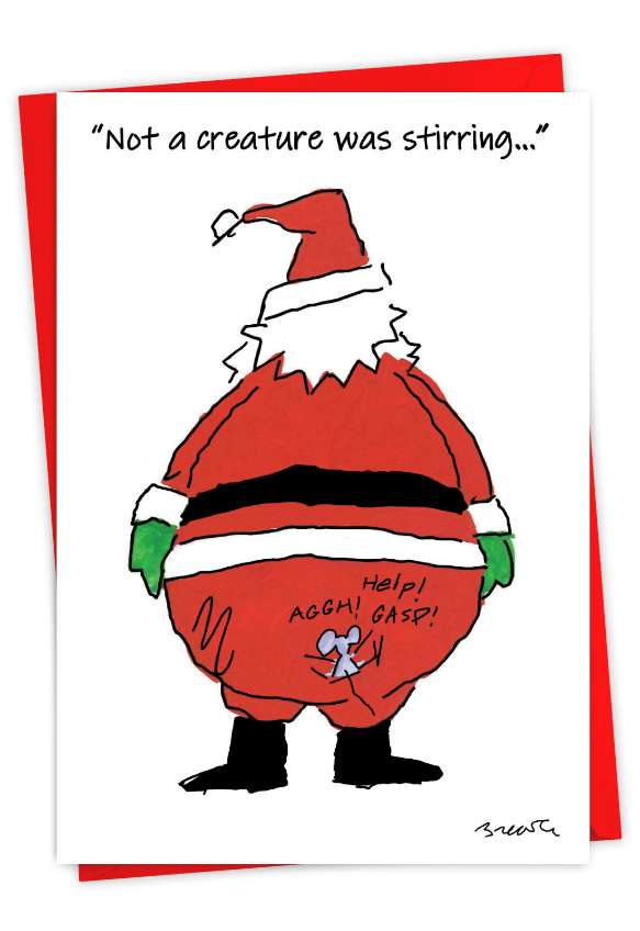 Humorous Merry Christmas Paper Card By William Brewer From NobleWorksCards.com - Santa and Mouse