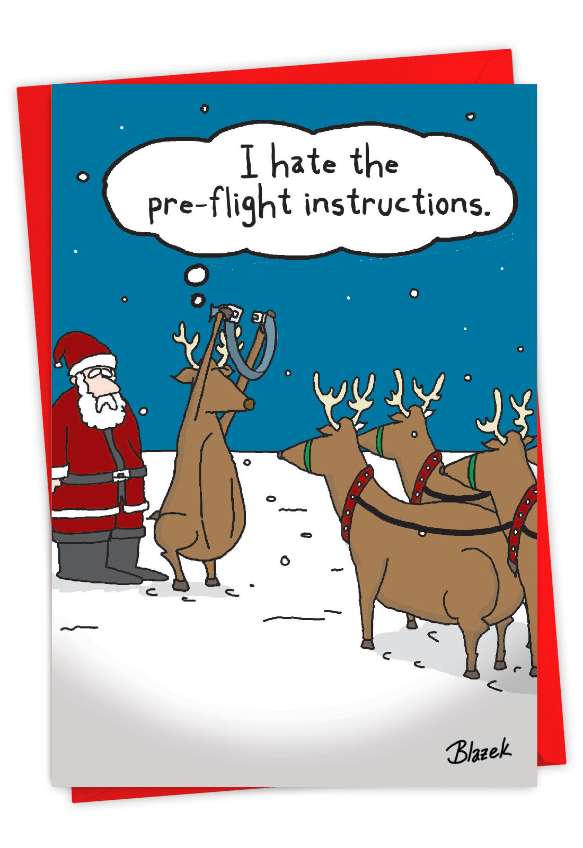 Funny Merry Christmas Paper Card By Dave Blazek From NobleWorksCards.com - Pre-Flight Instructions