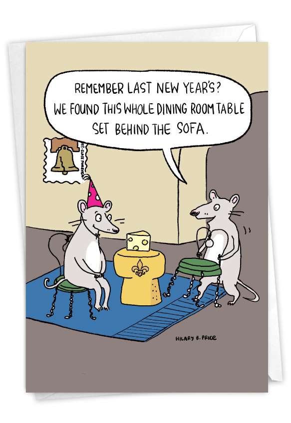 Hysterical New Year Printed Greeting Card By Hilary B. Price From NobleWorksCards.com - Mice Dining