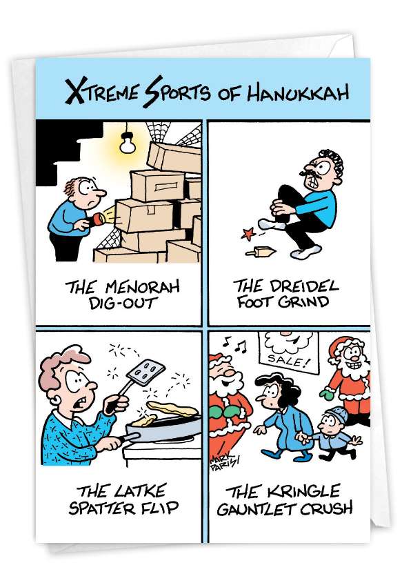 Humorous Chanukah Paper Greeting Card By Mark Parisi From NobleWorksCards.com - Holiday Xtreme Sports