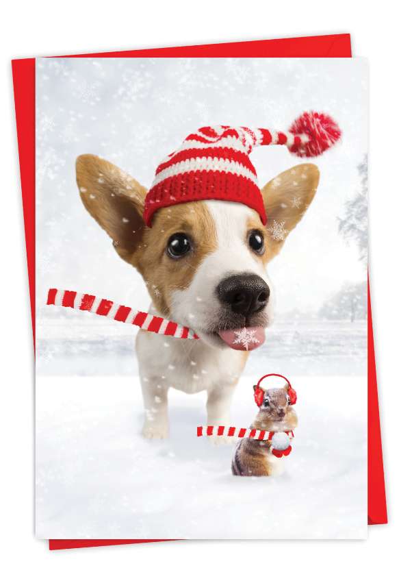 Humorous Merry Christmas Paper Card By Michael Quackenbush From NobleWorksCards.com - Dog and Chipmunk Friends