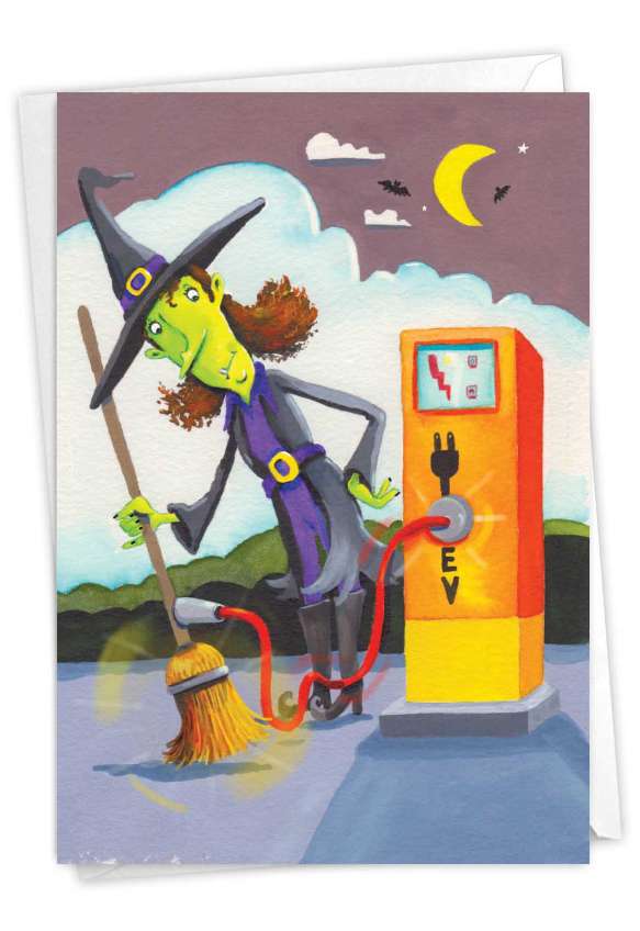 Hilarious Halloween Greeting Card By Scott Nelson From NobleWorksCards.com - Electric Broom