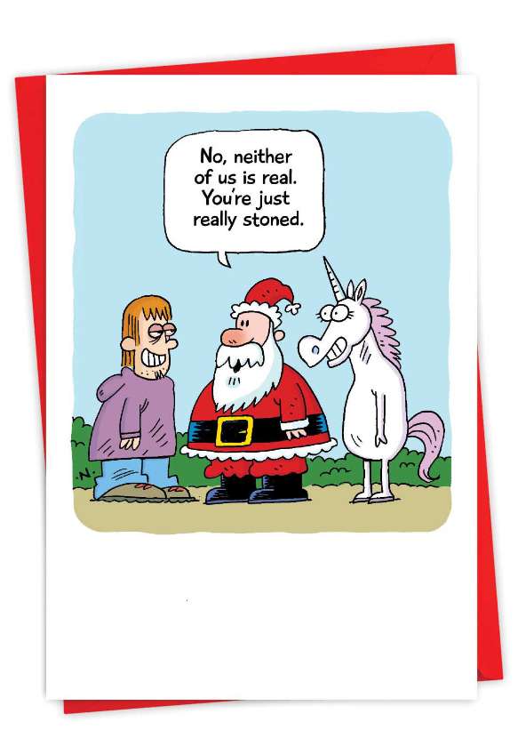 Humorous Merry Christmas Paper Card By Scott Nickel From NobleWorksCards.com - Santa and Unicorn