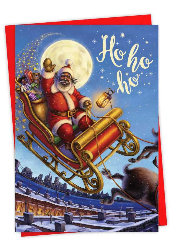 Beautiful Merry Christmas Paper Greeting Card By Anne Wertheim From NobleWorksCards.com - Soul Santa On Sleigh