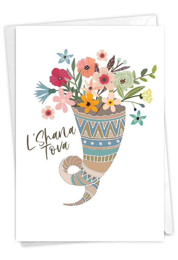 Artful Rosh Hashanah Printed Greeting Card By Batya Sagy From NobleWorksCards.com - Horn of Flowers