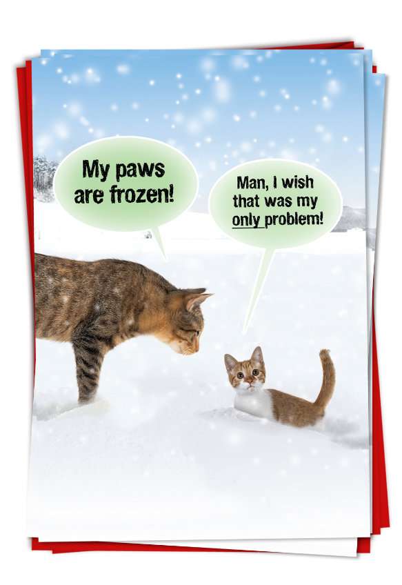 Funny Merry Christmas Paper Greeting Card From NobleWorksCards.com - Cat Paws Are Frozen