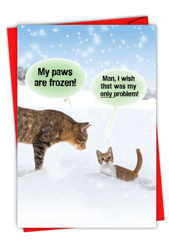 Humorous Merry Christmas Paper Card From NobleWorksCards.com - Cat Paws Are Frozen