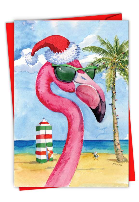 Stylish Merry Christmas Card By Paul Brent From NobleWorksCards.com - Holiday Beach Animals-Flamingo