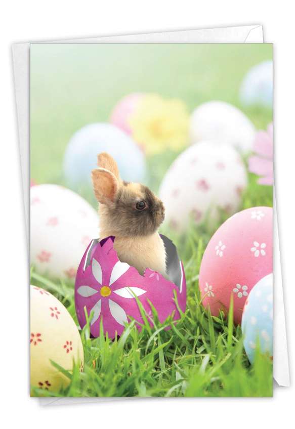Creative Easter Printed Card From NobleWorksCards.com - Hatching Rabbits-Egg