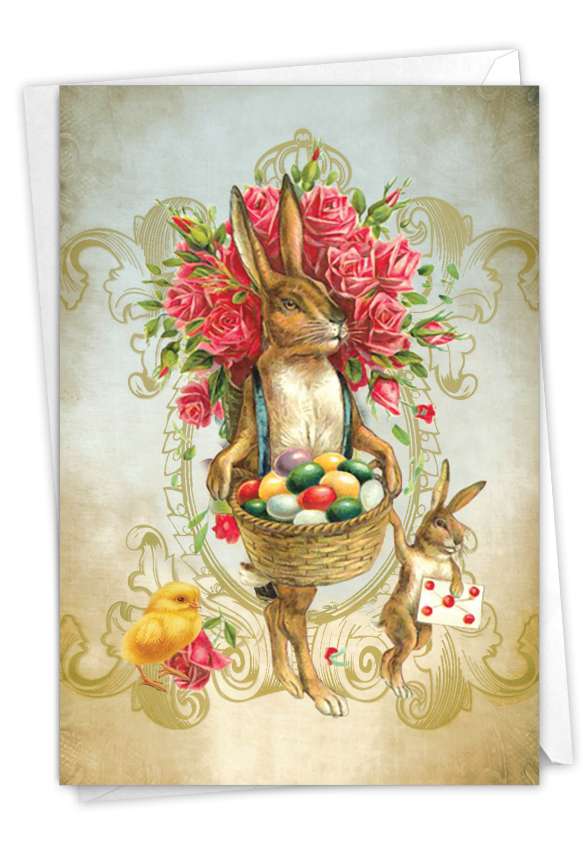 Artful Easter Greeting Card From NobleWorksCards.com - Vintage Chicks and Bunnies-Rabbit