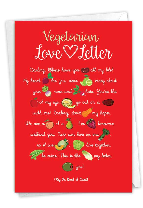 Humorous Valentine's Day Paper Greeting Card By Bonnie Altenhein From NobleWorksCards.com - Vegetarian Love Letter