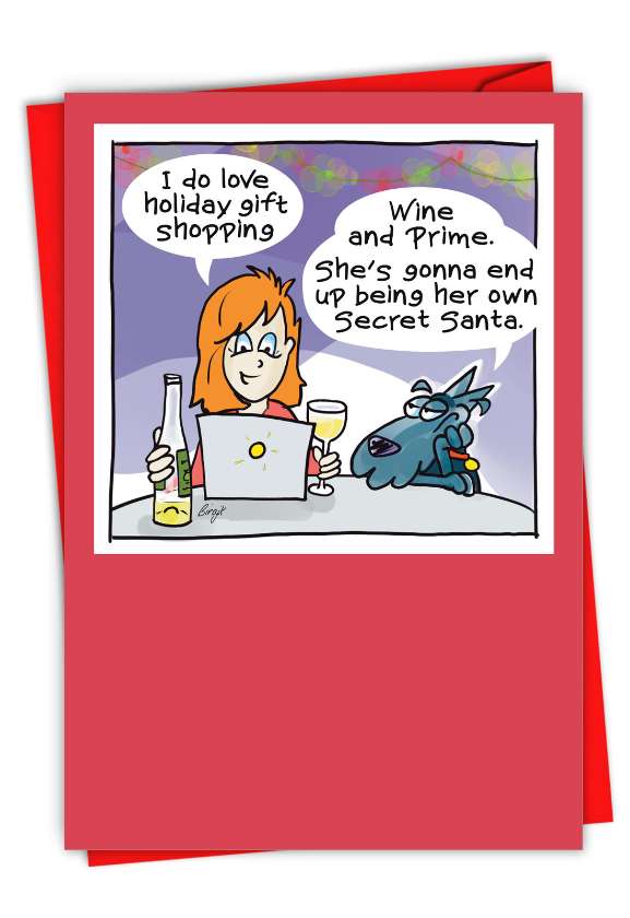 Humorous Merry Christmas Card By Birgit Keil From NobleWorksCards.com - Wine And Prime