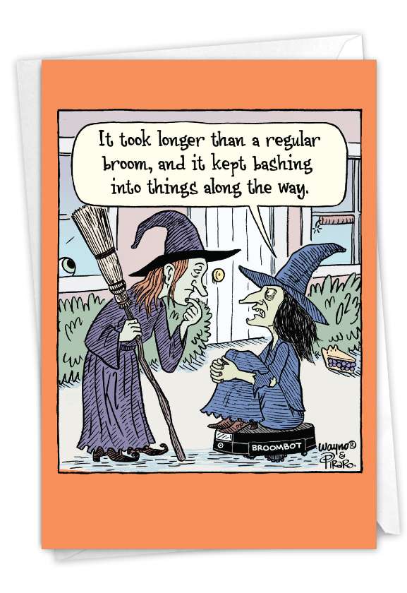 Humorous Halloween Paper Greeting Card By Dan Piraro From NobleWorksCards.com - Broombot
