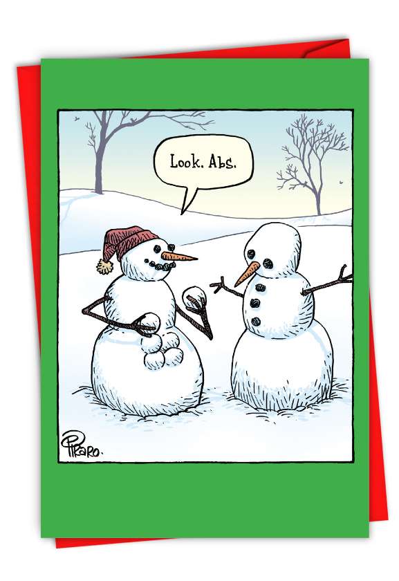 Humorous Merry Christmas Paper Card By Dan Piraro From NobleWorksCards.com - Snowman Abs