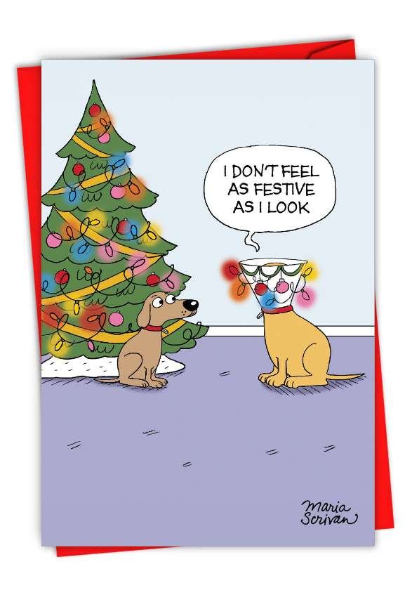 Humorous Merry Christmas Paper Card By Maria Scrivan From NobleWorksCards.com - Festive Dog