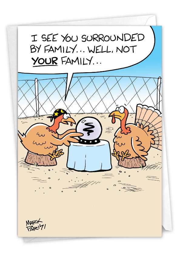 Humorous Thanksgiving Paper Greeting Card By Mark Parisi From NobleWorksCards.com - Turkey Fortune Teller