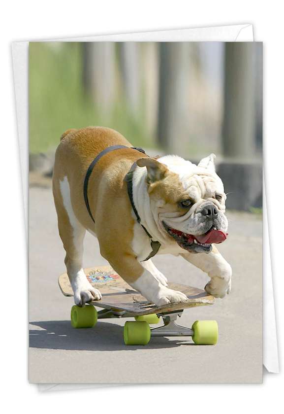 Artistic Birthday Printed Greeting Card By From NobleWorksCards.com - Skating Bulldogs - Green Wheels
