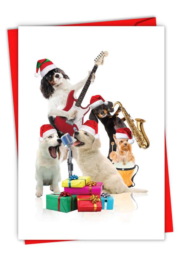 Artistic Merry Christmas Paper Greeting Card By From NobleWorksCards.com - Holiday Animal Bands-Dogs