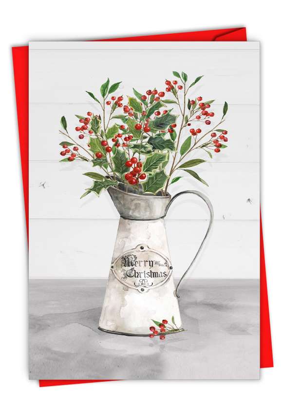 Artful Merry Christmas Printed Greeting Card By Carol Robinson From NobleWorksCards.com - Jolly Jugs-Holly
