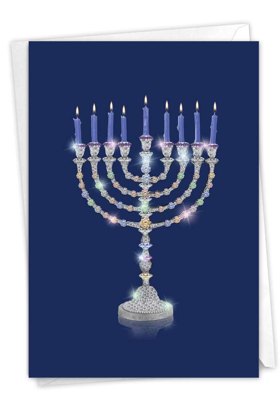 Artful Chanukah Printed Greeting Card By From NobleWorksCards.com - Menorah Bling-Blue Candles