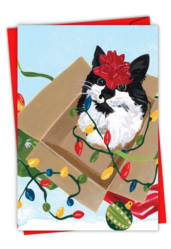 Creative Merry Christmas Greeting Card By World Art Group From NobleWorksCards.com - Purr-fect Holiday-Red Bow