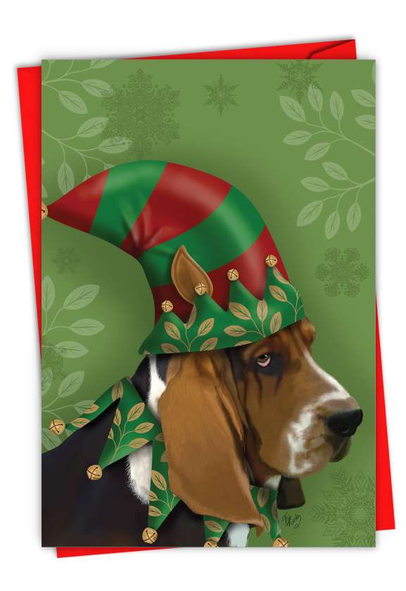 Beautiful Merry Christmas Printed Card By World Art Group From NobleWorksCards.com - Holiday Hat Dogs-Hound