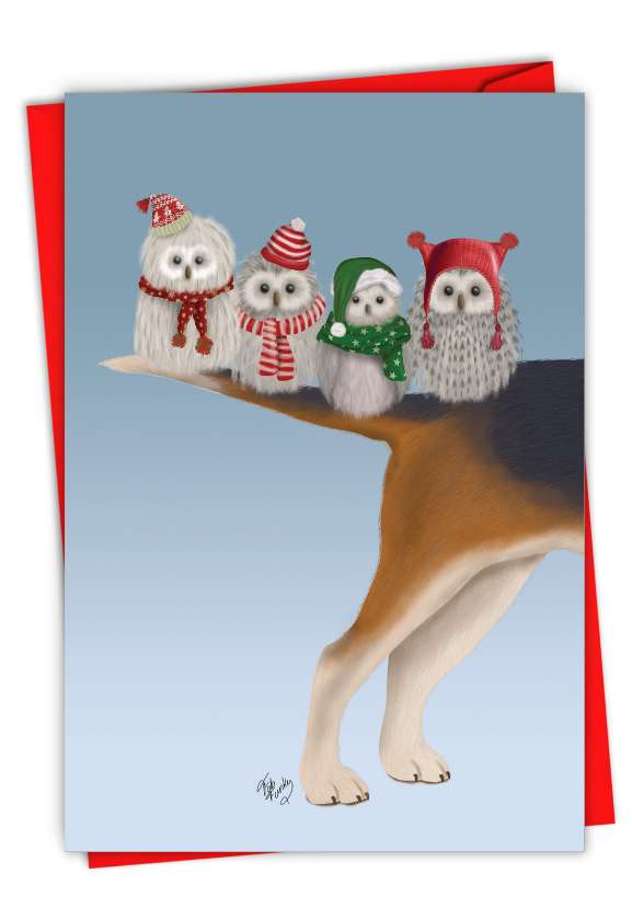 Artistic Merry Christmas Printed Card By World Art Group From NobleWorksCards.com - Noel Animals-Owls