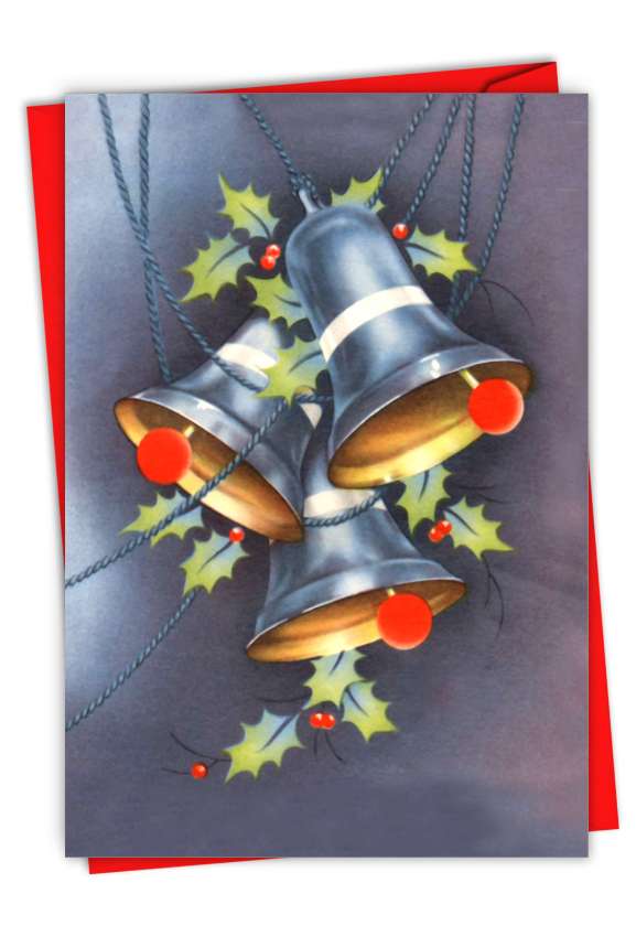 Creative Merry Christmas Printed Greeting Card By From NobleWorksCards.com - Vintage Bells-Holly