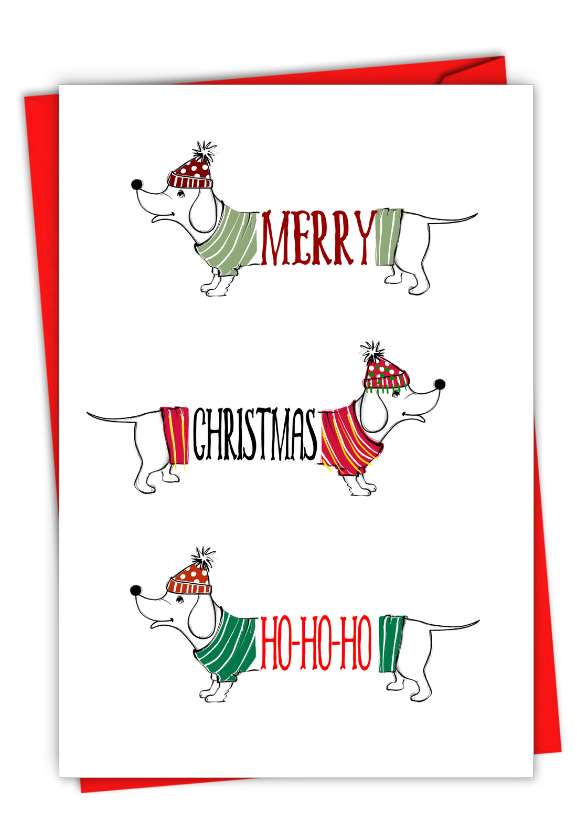 Artistic Merry Christmas Paper Card By From NobleWorksCards.com - Dashing Dachshunds-Ho Ho Ho