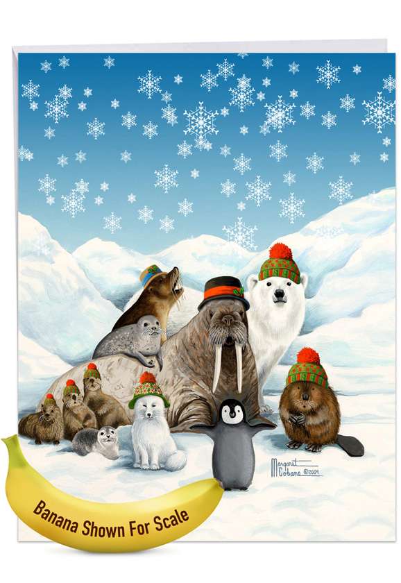 Stylish Merry Christmas Jumbo Paper Greeting Card By Margaret Cobane From NobleWorksCards.com - Winter Wonderland Wildlife - Arctic