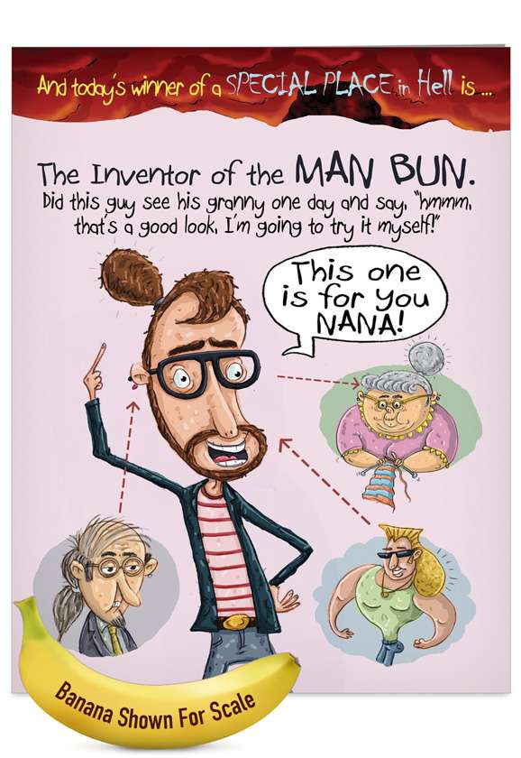 Hysterical Birthday Jumbo Printed Card by Mike Shiell from NobleWorksCards.com - Man Bun