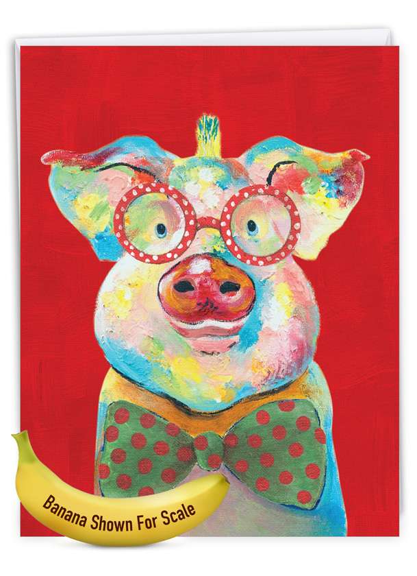 Stylish Christmas Jumbo Printed Greeting Card by Janet Tava from NobleWorksCards.com - Funny Farm - Pig