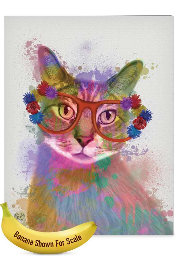 Stylish Birthday Jumbo Paper Greeting Card By World Art Group From NobleWorksCards.com - Funky Rainbow Cats - Cool Cat
