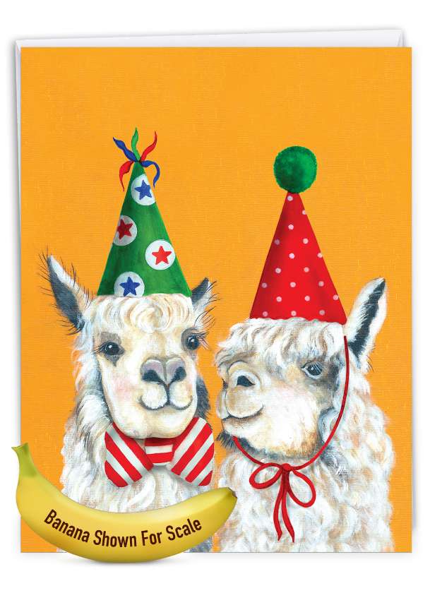 Artful Merry Christmas Jumbo Paper Greeting Card By Janet Tava From NobleWorksCards.com - Personality Llamas - Party Hats