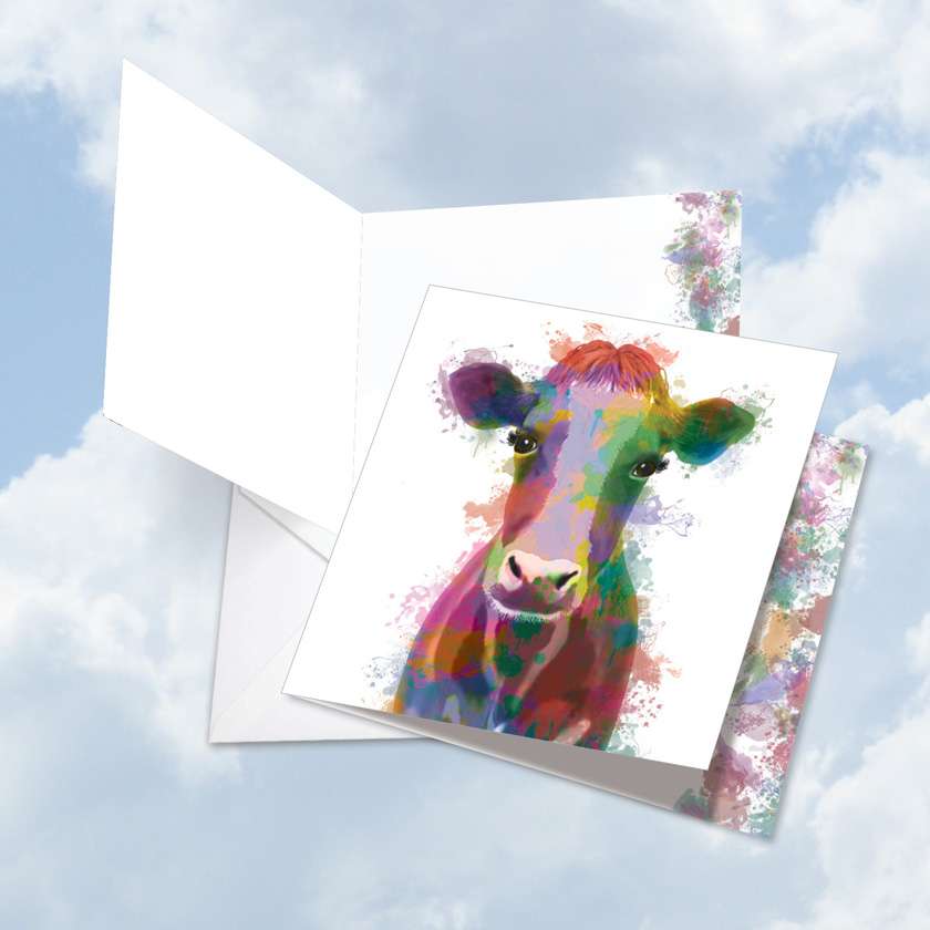 Creative Thank You Jumbo Square-Top Printed Greeting Card By World Art Group From NobleWorksCards.com - Funky Rainbow Wildlife-Cow - Cow