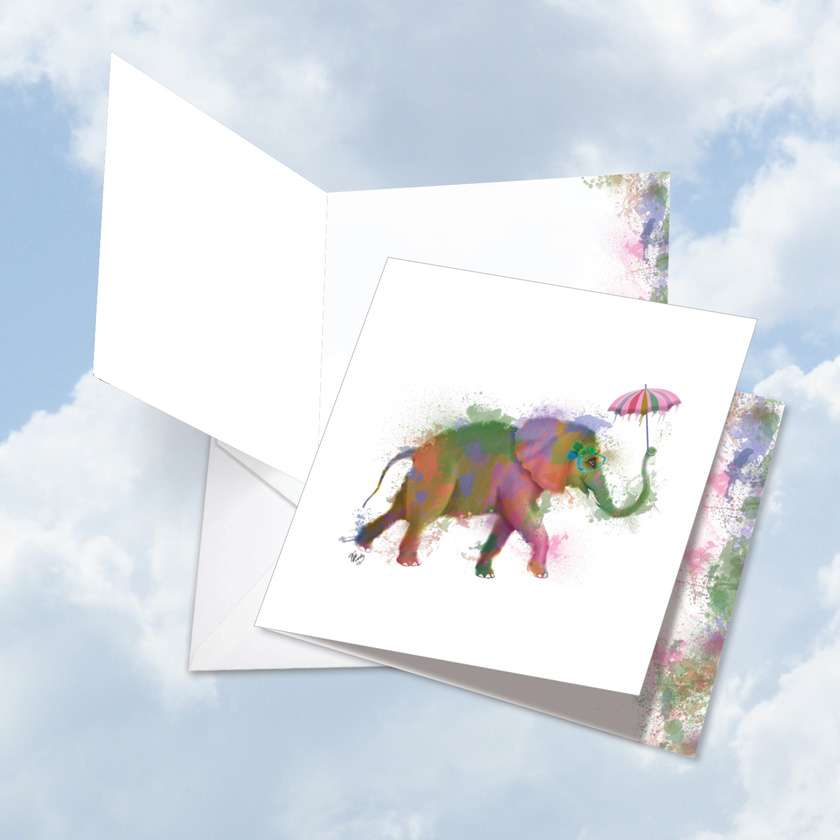 Stylish Birthday Jumbo Square-Top Card By World Art Group From NobleWorksCards.com - Funky Rainbow Wildlife-Elephant - Elephant
