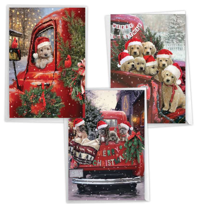 Artistic Merry Christmas Paper Card By Jason Kirk From NobleWorksCards.com - Red Truck Puppies