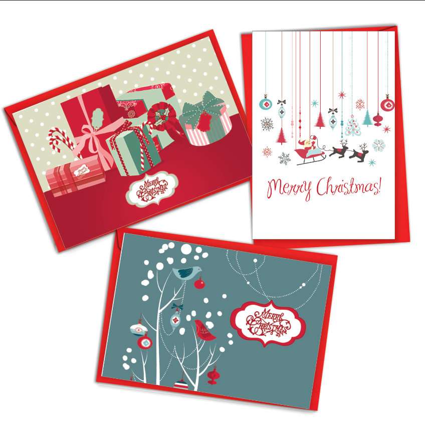 Artistic Merry Christmas Greeting Card From NobleWorksCards.com - Red and Blue Retro