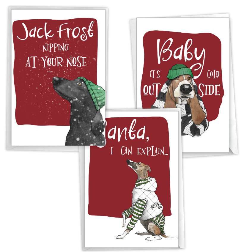 Beautiful Merry Christmas Printed Greeting Card By Christine Anderson From NobleWorksCards.com - Winter Dog Antics